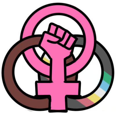 A pink feminism symbol, the Venus sign combined with an upraised fist. the circle of the venus symbol interlocks with two ither circles. one is dark brown, representing people of color, and the other is colored with the disability pride flag, representing disabled people.